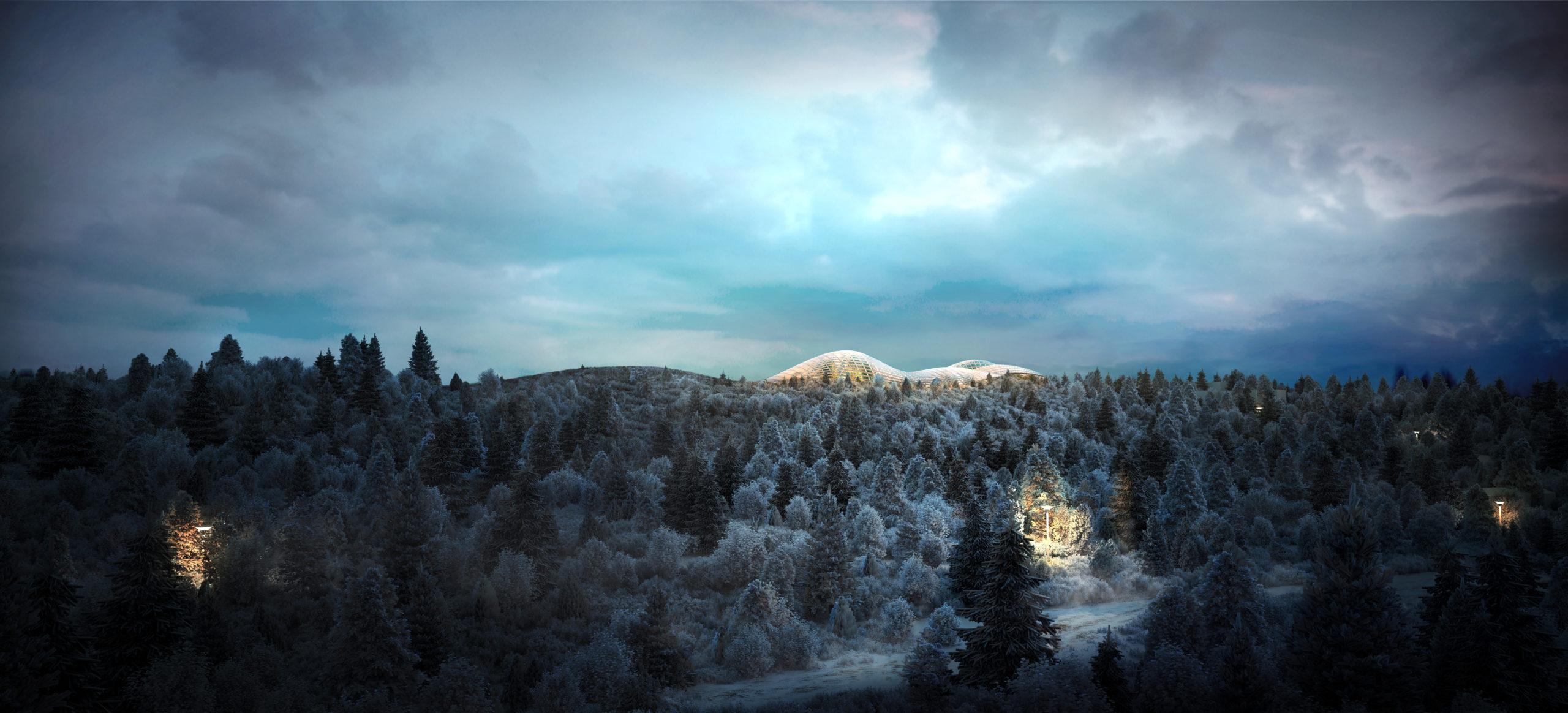 Renderização do ALDIN Biodome Resort ao anoitecer, mostrado no Vale e Parque Elliðaárdalur em Reykjavik, Islândia.