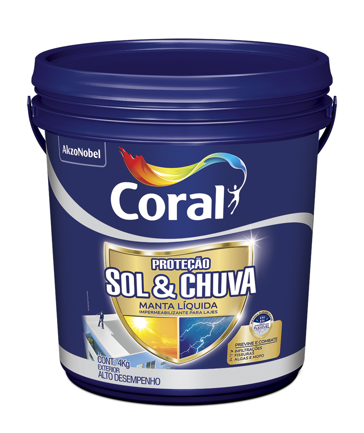 AKZONOBEL/CORAL - a Proteção Sol & Chuva Pintura Impermeabilizante está disponível em mais de mil cores do leque da Coral. Ela produz uma película emborrachada e flexível que acompanha movimentos de contração e dilatação das superfícies, o que previne fissuras e infiltrações.