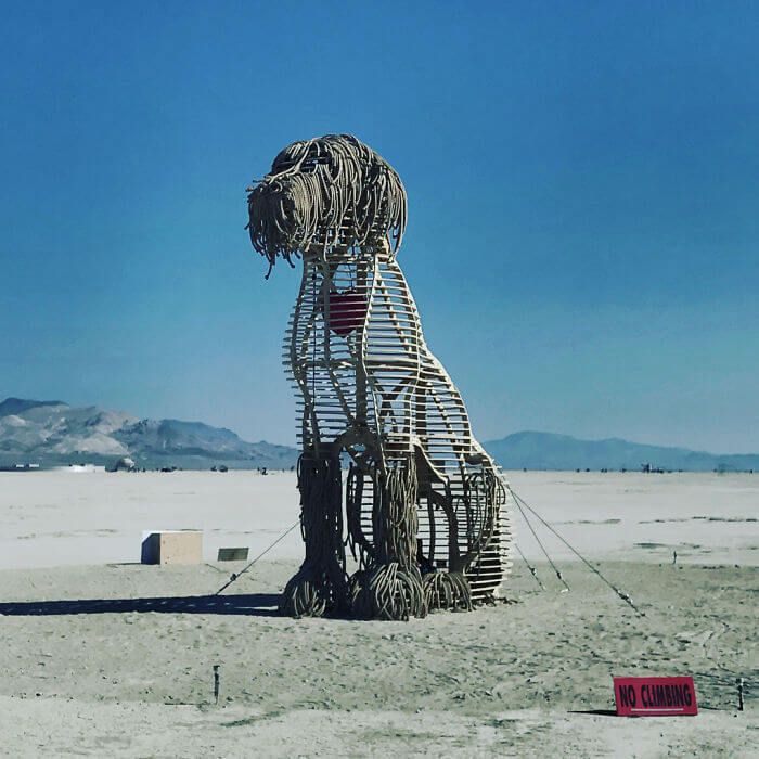 Dot the Dog - Collective 70. A escultura foi construída em homenagem a George, um espectador do festival que faleceu recentemente. O sonho de George era construir a escultura do Dot, seu amado cachorro. Na escultura, o público podia deixar bilhetes e notas para interagir.