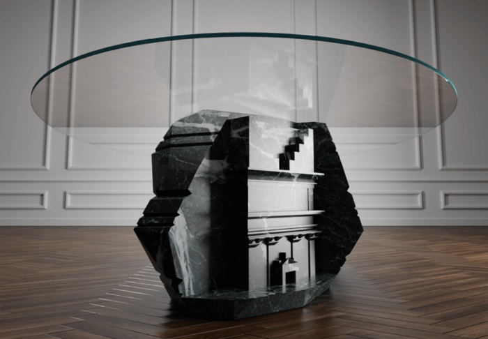 Mesa esculpida em mármore preto