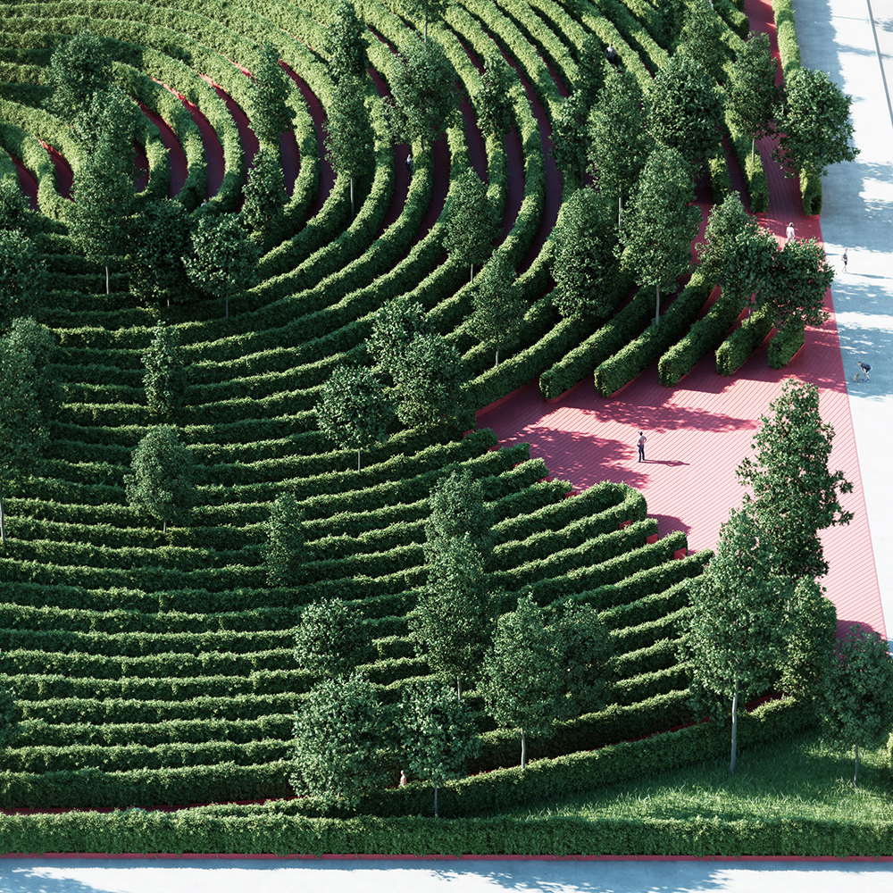 Imagem renderizada aérea da entrada do parque com um visitante