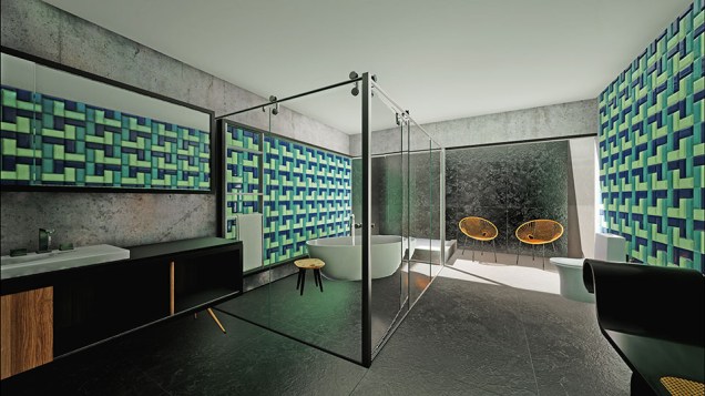 Banheiro Virtual: Gabi Braga. No banheiro residencial, as paredes recebem um ladrilho bisotado esmaltado nas tonalidades verde e azul. As citações aos anos 60 prosseguem no banco marquesa de Oscar Niemeyer e na bancada em madeira com pés palito, desenhada pela arquiteta.