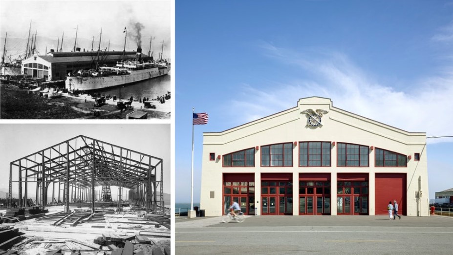 Acima à esquerda: Fort Mason Pier 2 no ano de 1910. Abaixo à esquerda: construção em 1909. Foto à direita: prédio depois da restauração.
