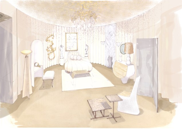 A Sala de Costura – Anne-Sophie Pailleret. Feminina e delicada, essa sala reflete o glamour da Hollywood dos anos 1920. Grandes quantidades de tecido criam formas e dão textura, destacando a bela cama em formato de concha.
