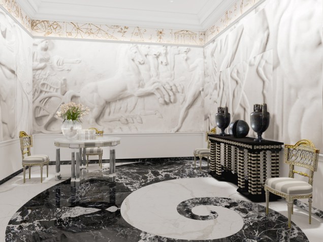 A Sala de Jantar Neoclássica – Juan Pablo Molyneux. Os baixo-relevos em branco são o destaque da sala, porém, Juan Pablo rompe e contrasta o estilo neoclássico com toques de modernidade no mobiliário.