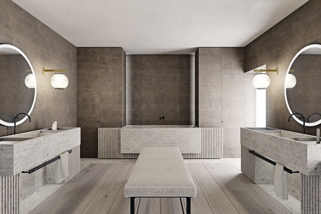 O Salão do Banheiro – Nicolas Schuybroek. A luz que adentra o espaço cria uma atmosfera leve e delicada. Ela também destaca as linhas do mobiliário discreto e geométrico disposto com perfeita simetria.