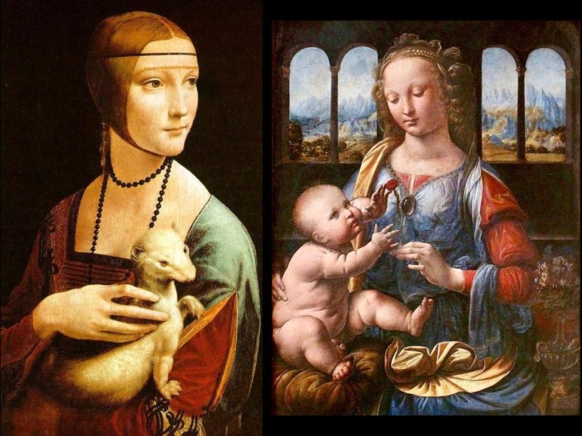 La Dama con l'ermellino (1488-1490) e Madonna del Garofano (1473 a 1478), de Leonardo da Vinci.