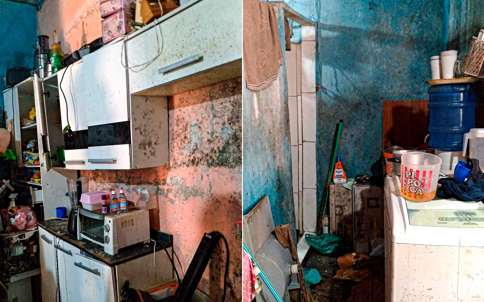Fotos de antes da Casa da Dani: infiltrações, telhas quebradas e revestimentos soltos.
