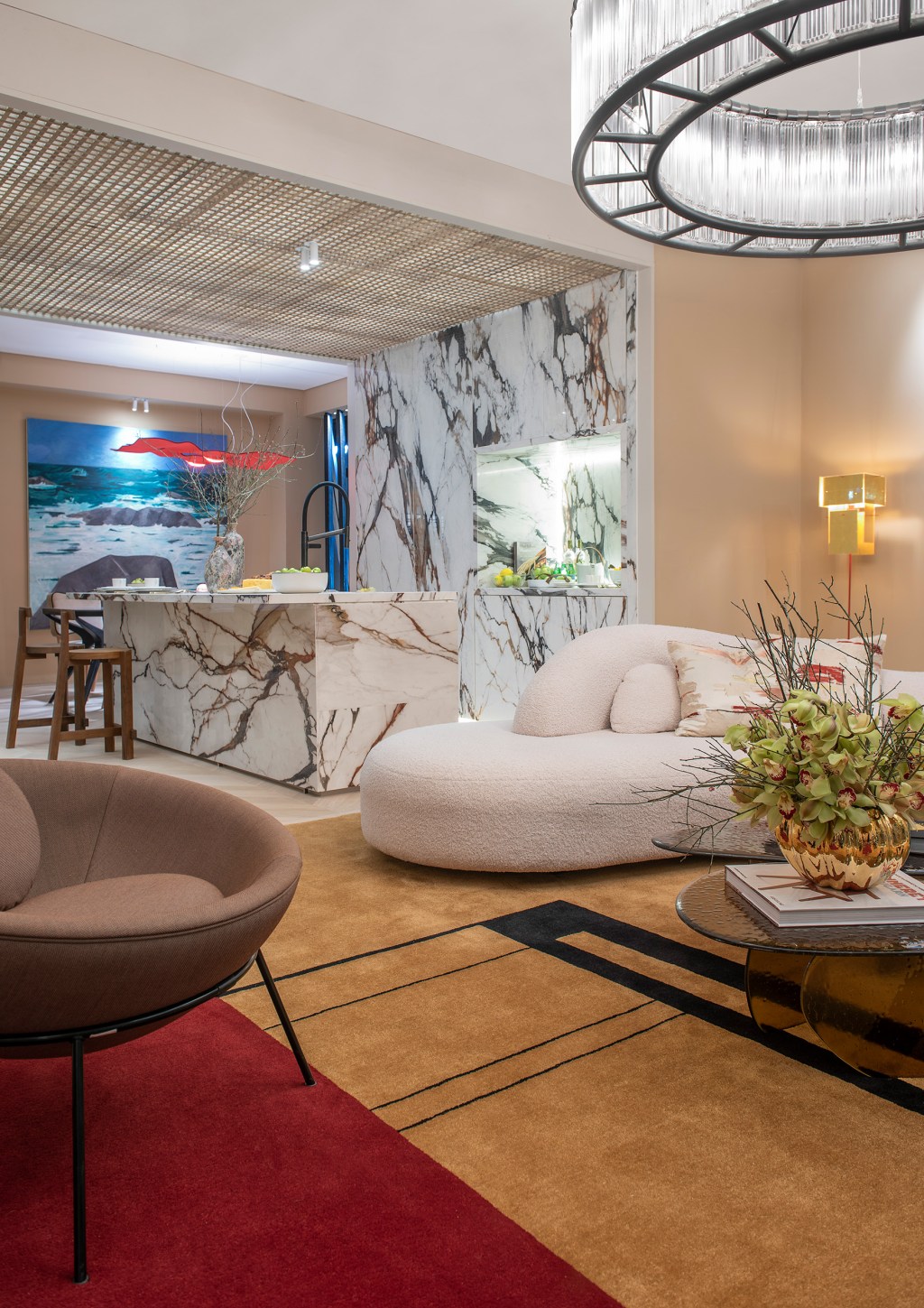 murilo lomas arquitetura living art casacor sp 2022 decoracao design mostras sala lustre tapete estar sofa bancada