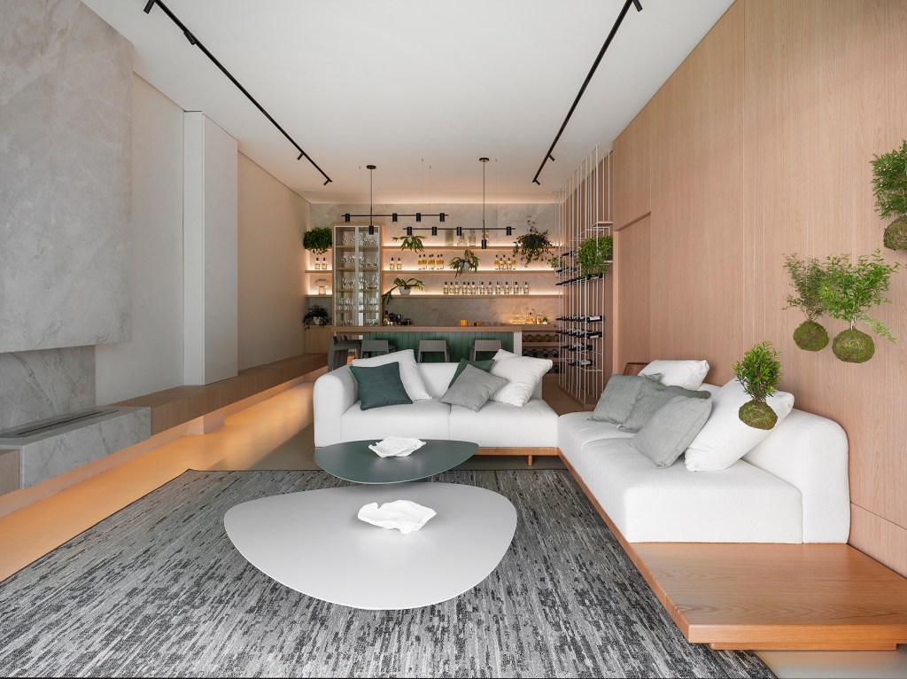 Estela Cislaghi Arquitetura Design Living CO-Existir CASACOR Santa Catarina 2022 sala estar sofá madeira tapete mesa estante