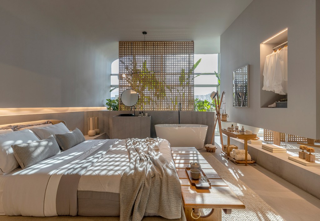 Studio Arch+ Casa Etérea CASACOR Brasília 2022 cama banheiro quarto madeira