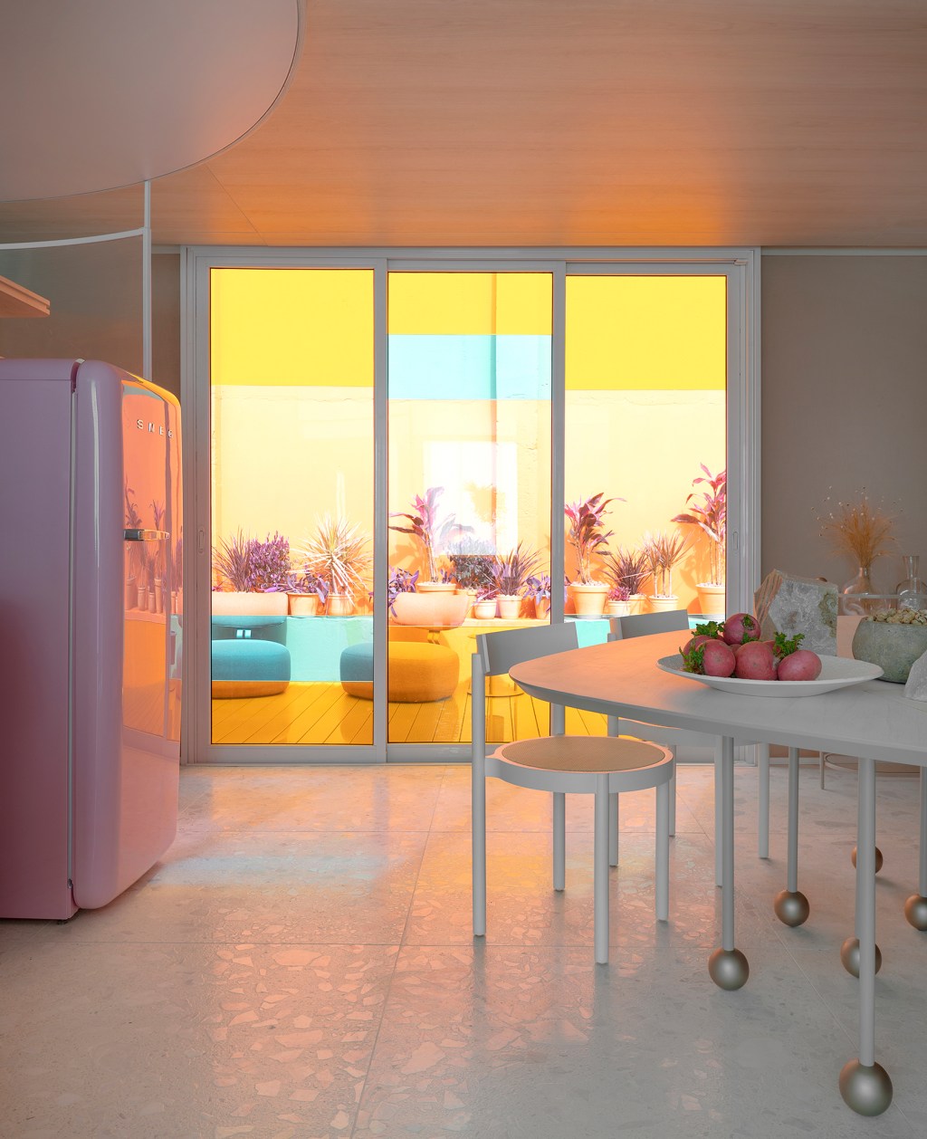 Juliana Loffi Arquitetura & Design Casa vou de Rosa CASACOR Santa Catarina 2022 cozinha cores rosa geladeira mesa