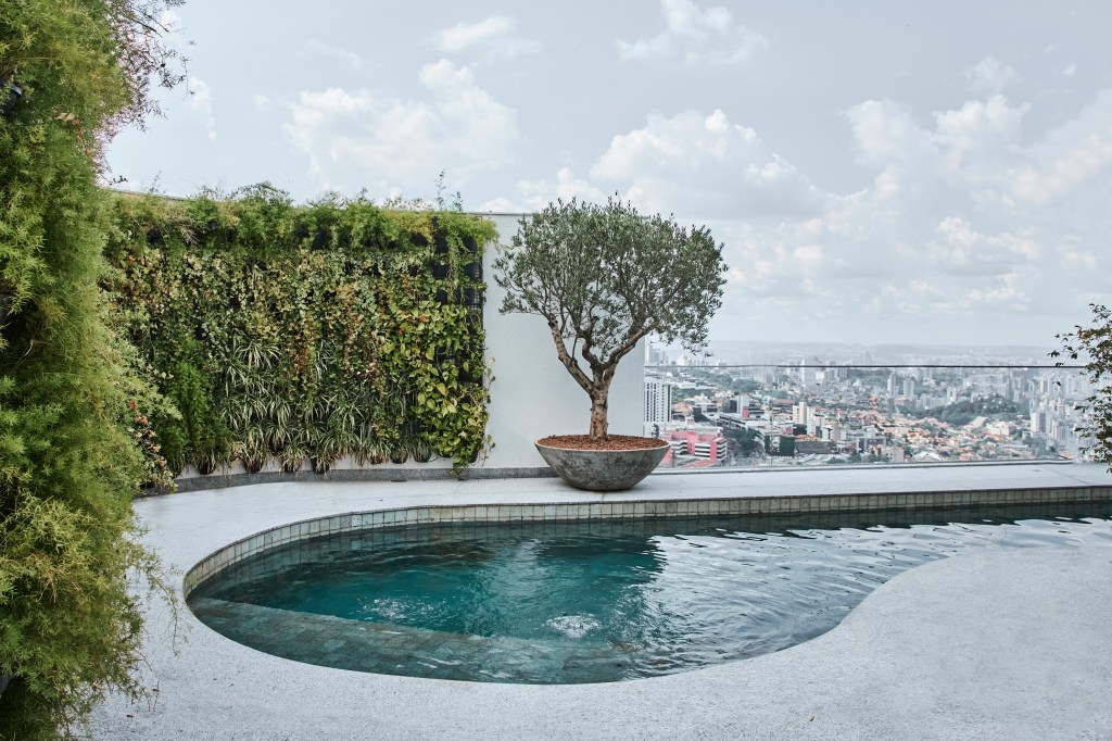 Espaço gourmet vista 180º Belo Horizonte Estudio Sala decoração cinza casacor piscina jardim vertical externa