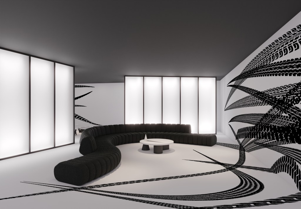 Studio Guilherme Torres - Percursus. Projeto da CASACOR São Paulo 2023. Na foto, sala com sofá curvo, marcas de pneus e decor preto e branco. Mesas e cadeiras geométricas.