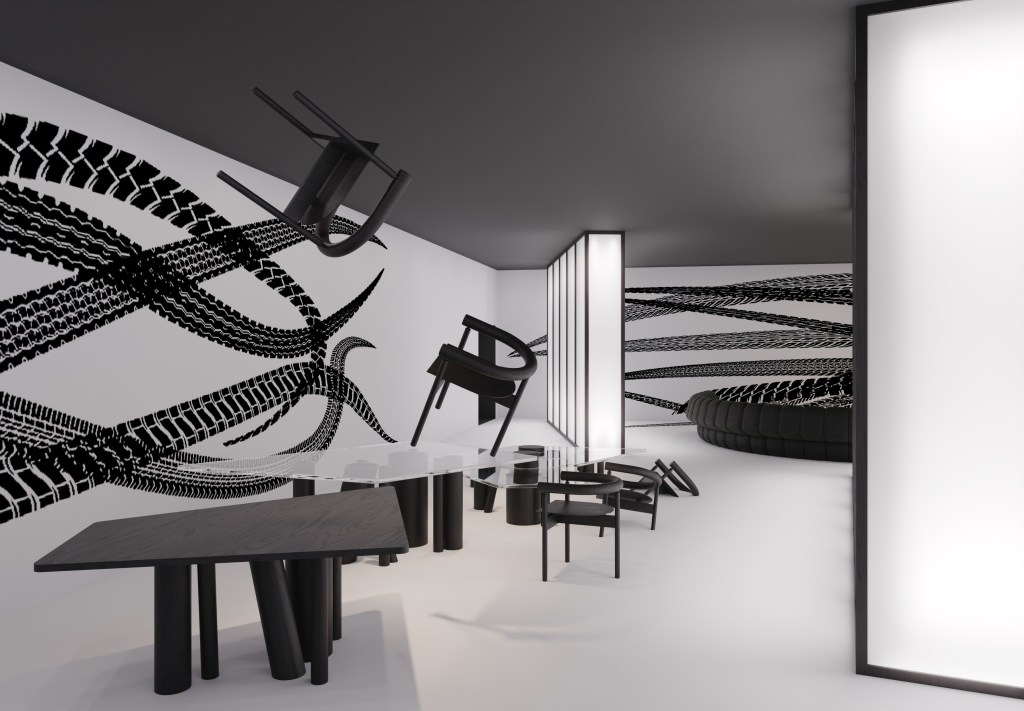 Studio Guilherme Torres - Percursus. Projeto da CASACOR São Paulo 2023. Na foto, sala com sofá curvo, marcas de pneus e decor preto e branco. Mesas e cadeiras geométricas.