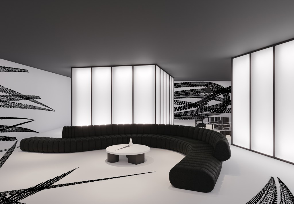 Studio Guilherme Torres - Percursus. Projeto da CASACOR São Paulo 2023. Na foto, sala com sofá curvo, marcas de pneus e decor preto e branco.