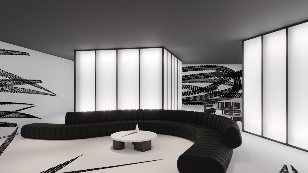 Studio Guilherme Torres - Percursus. Projeto da CASACOR São Paulo 2023. Na foto, sala com sofá curvo, marcas de pneus e decor preto e branco.