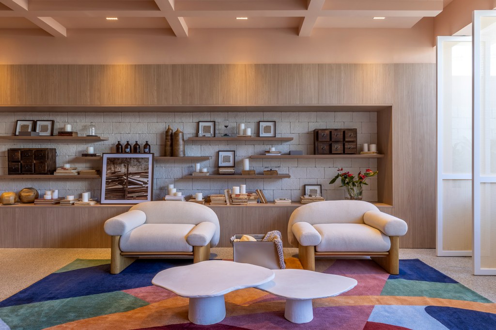 Lucas Machado - Casa Marel. Projeto da CASACOR Goiás 2023. Na foto, sala de estar com tapete colorido, parede de tijolos e muita madeira.