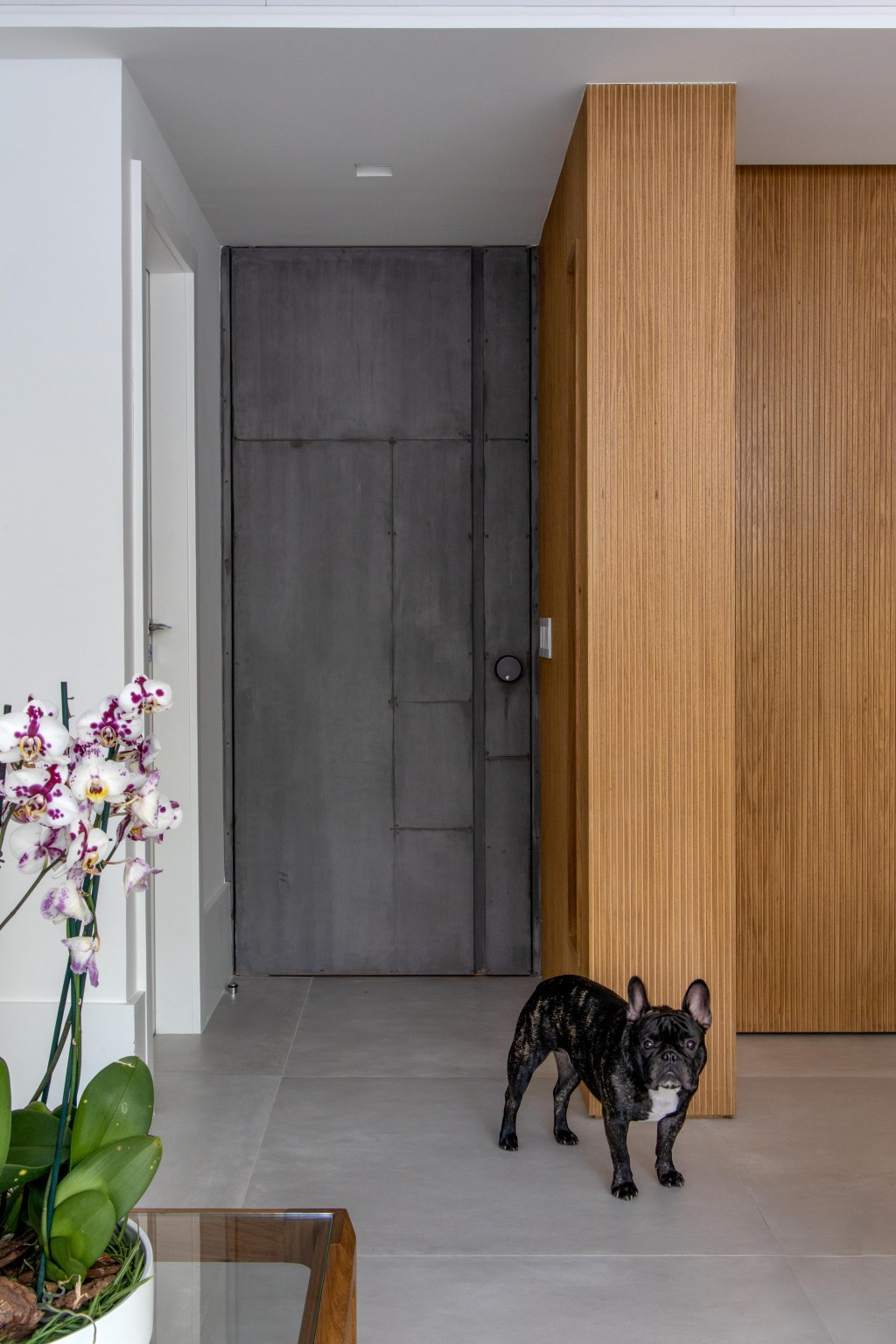 Marcenaria faz jogo de esconde-mostra neste apê de 130 m² de Ipanema. Projeto de Maurício Nóbrega. Na foto, porta de entrada de madeira pintada de de preto.