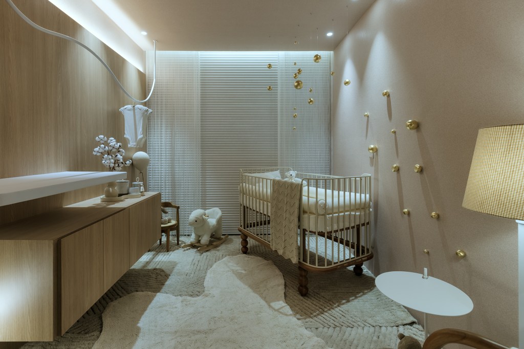 Moura Jabour Arquitetos - Suíte Colo. Projeto da CASACOR Minas Gerais 2023. Na foto, quarto de bebê com berço, parede de madeira e tapete.