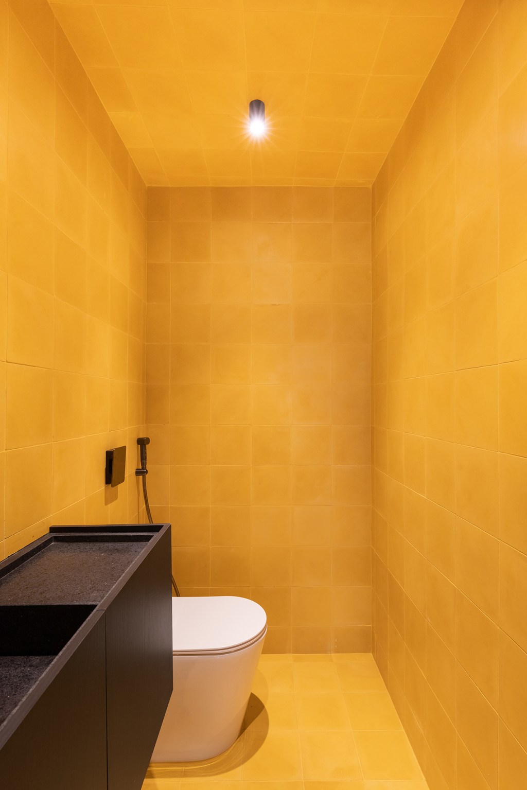 Apê brutalista em Brasília mescla cobogó, ladrilho e concreto no décor. Projeto de Maria Araujo Arquitetura, Na foto, banheiro com ladrilhos amarelos.