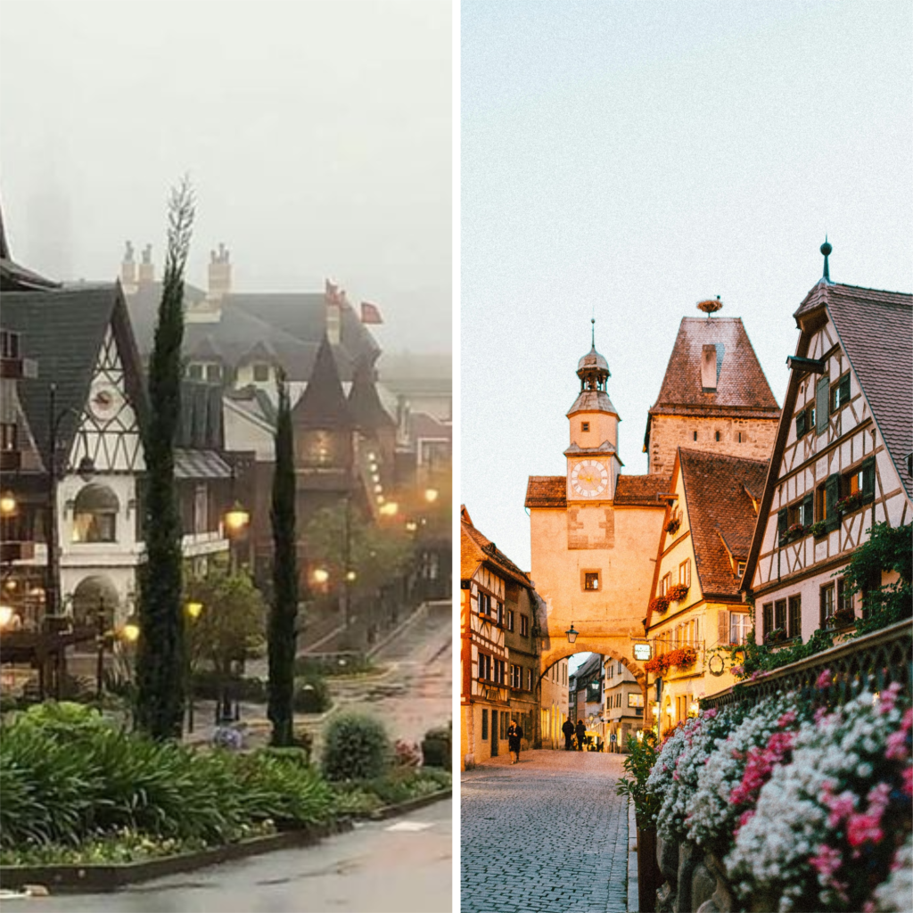 Gramado (esquerda da foto) inspirada fortemente na arquitetura da Alemanha (direita)