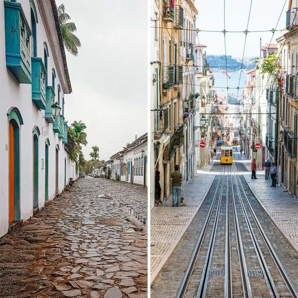 Cidade de Paraty, no Rio de Janeiro, a esquerda. Lisboa, capital de Portugal, à direita